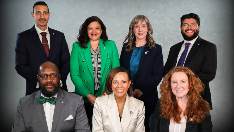 Group photo of Alexandria City Council. Pictured top row from left are Councilman Abdel-Rahman Elnoubi, Councilwoman Jacinta Greene, Councilwoman Sandy Marks, and Councilman Canek Aguirre. Pictured bottom row from left are Councilman John Chapman, Mayor Alyia Gaskins, and Vice Mayor Sarah Bagley.