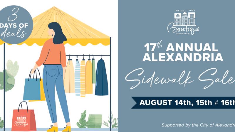 alt="Promotional image for the 17th Annual Alexandria Sidewalk Sale. Text states 3 days of deals august 14th, 15th, & 16th. A cartoon image of a woman shopping is included. Supported by the City of Alexandria."