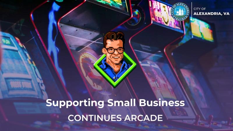 supporting small business continues arcade with icon and picture of arcade games in background